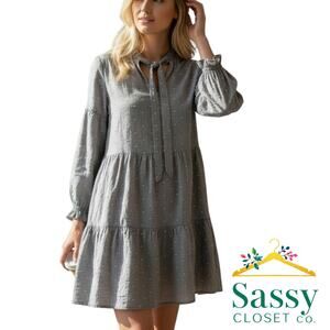 ZARA Gray White Heart Print Tiered Dress Split Neck Long Sleeve S EUC